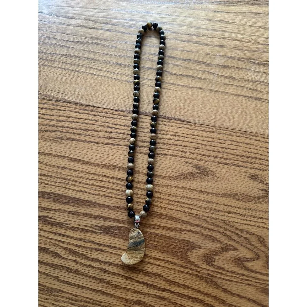Handmade Beaded Necklace Natural Stone Pendant  Earthy Tones 18